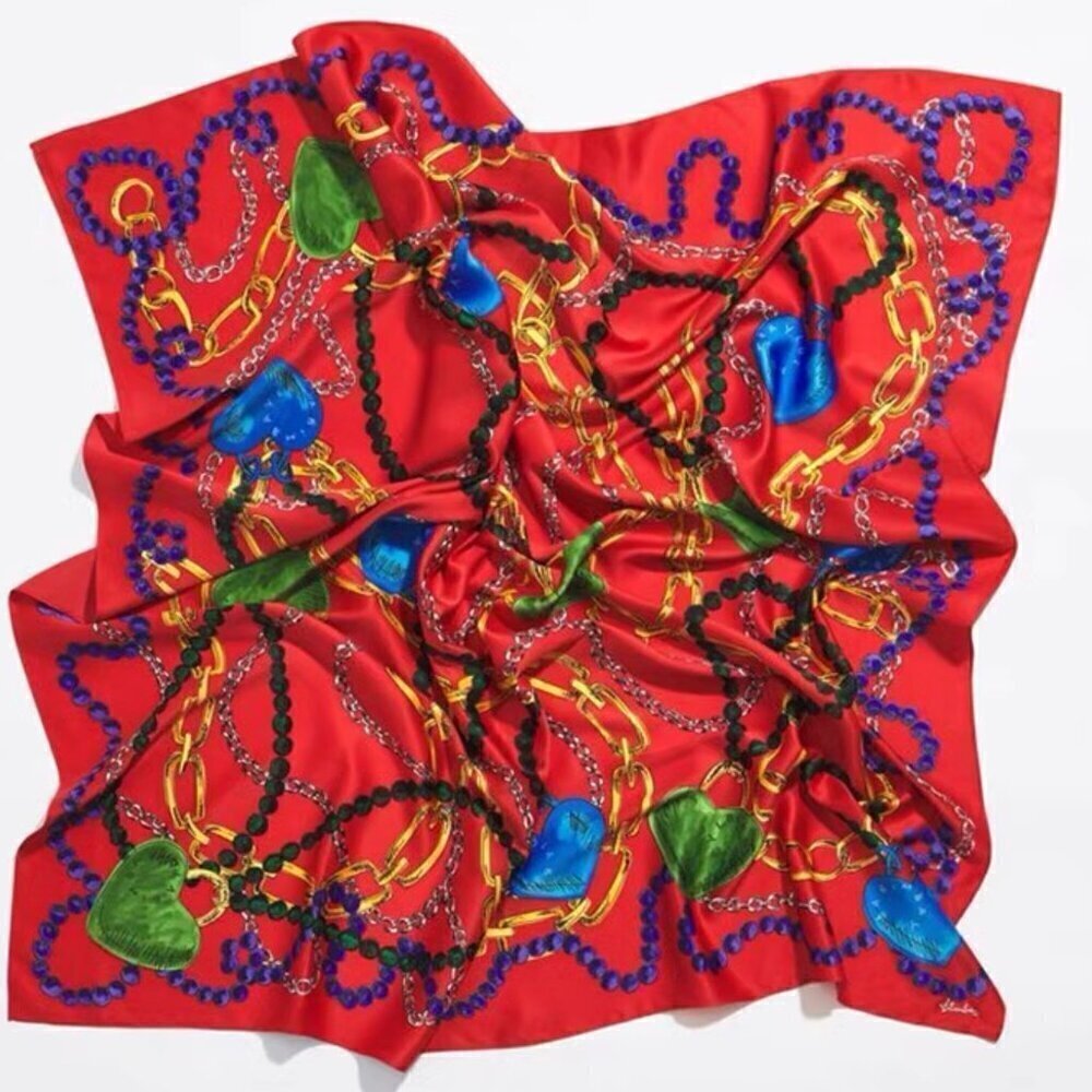 Bimba y Lola Silk Scarf Heart Chain Red Statement Square - Picture 4 of 4